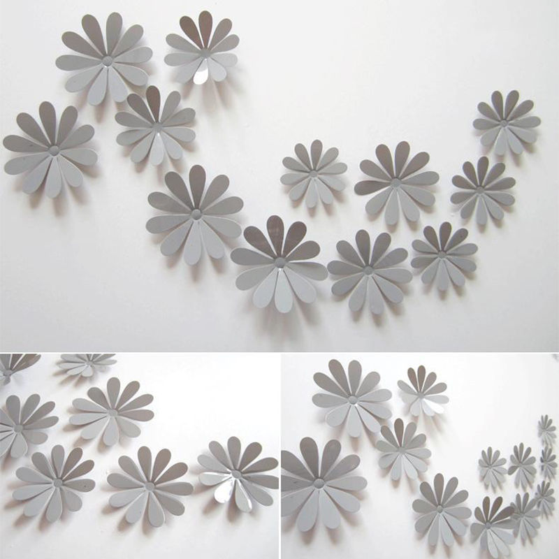 Šedé 3D květy na zeď 12 ks